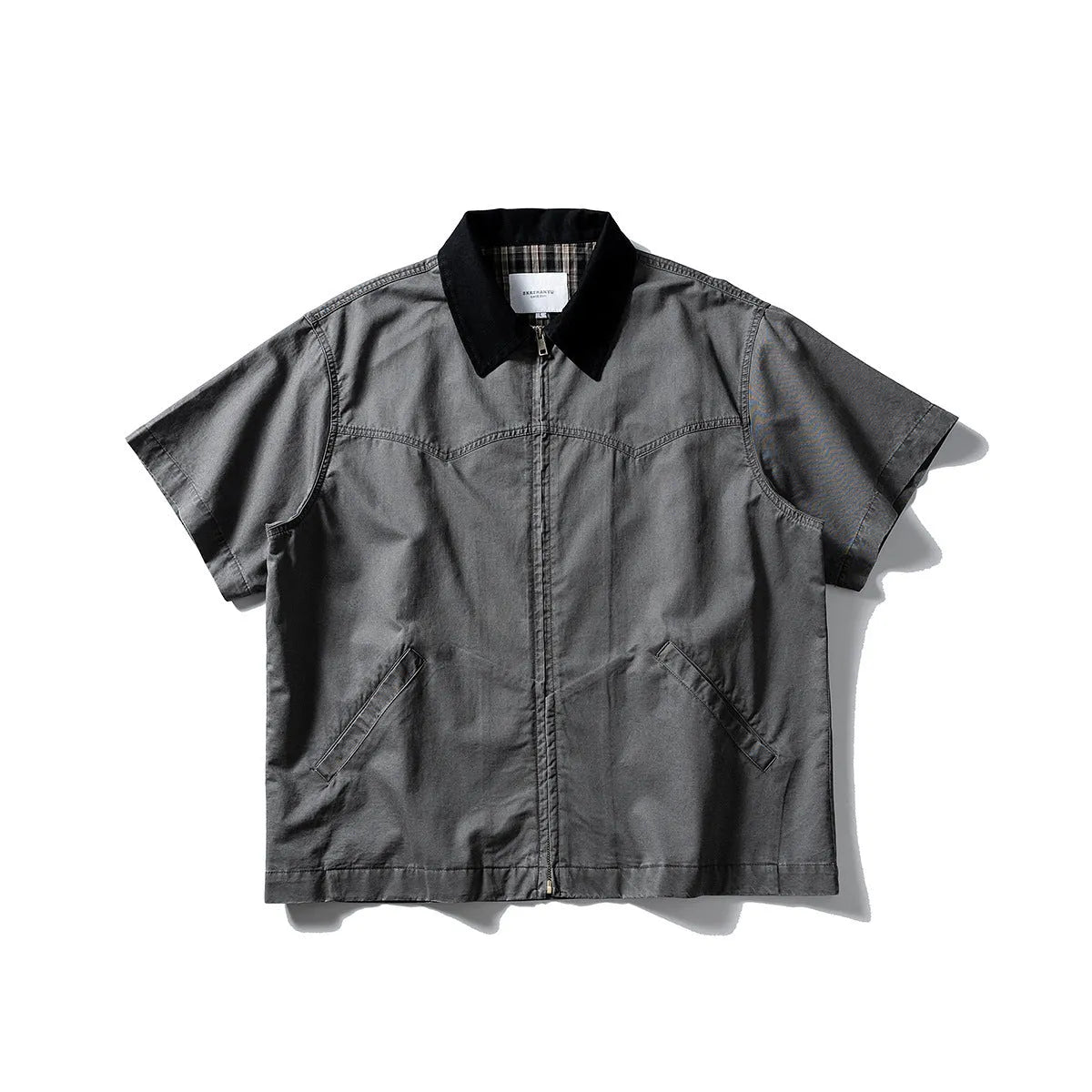 Men's khaki cotton short-sleeve loose-fit overalls cardigan shirt on a hanger