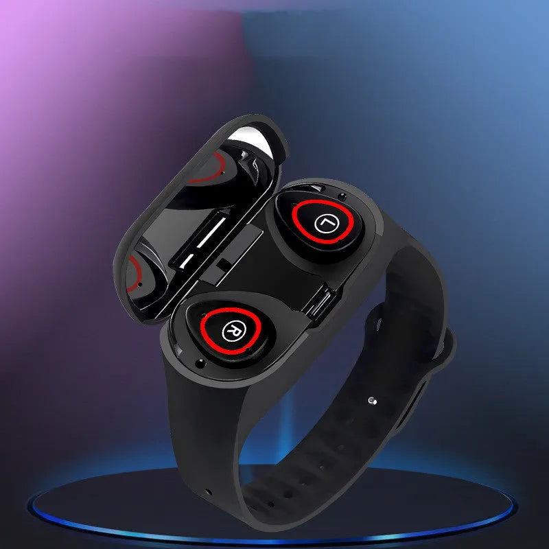 Blue smart bracelet earphone combo wearable with a 1-inch screen on a silicone wristband.