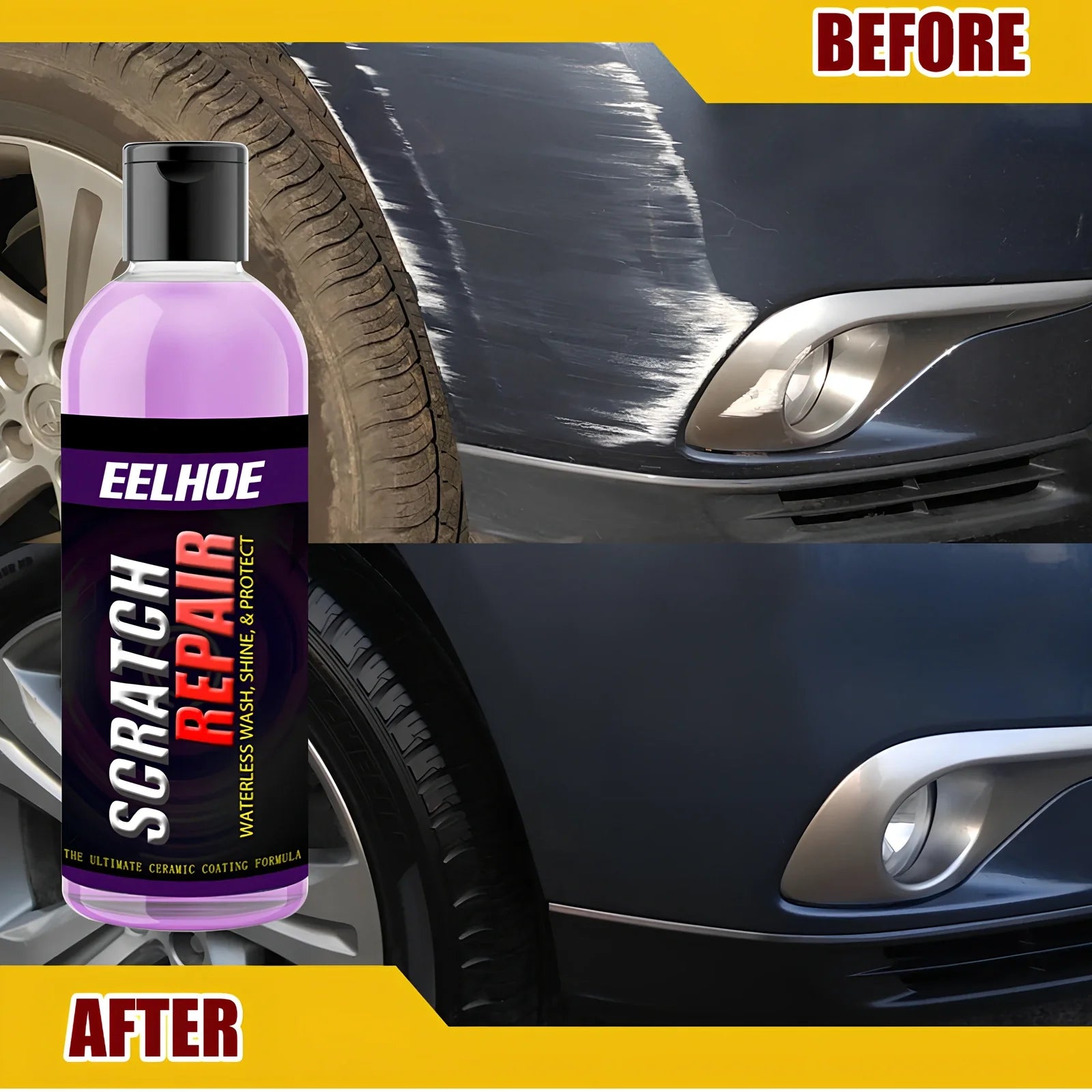 Blue bottle of 100ml car scratch repair fluid spraying on scratched vehicle panel, showing shine restoration