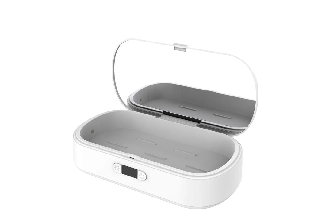 White UV sterilisation box with wireless charging for mobile phones and small personal items.
