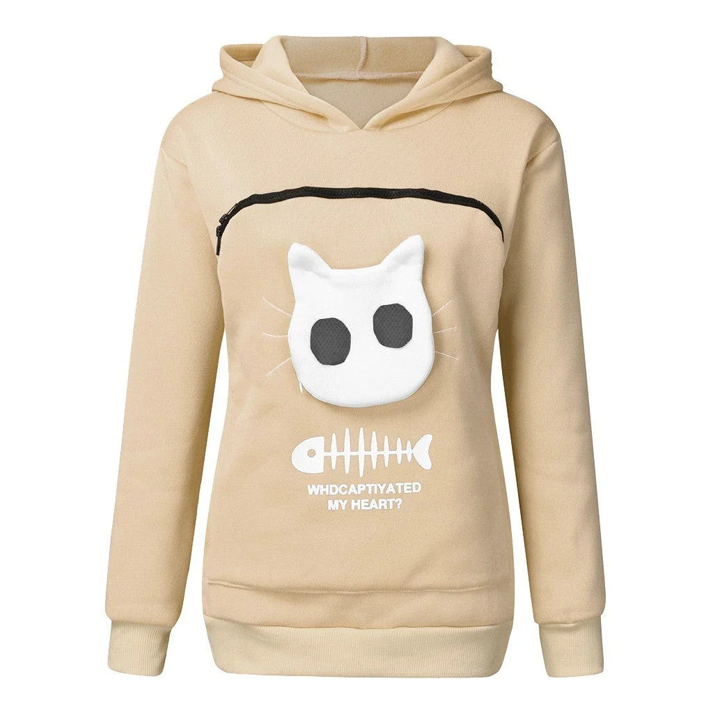 Women's cotton hoodie with unique cat pet pocket design in various colours
