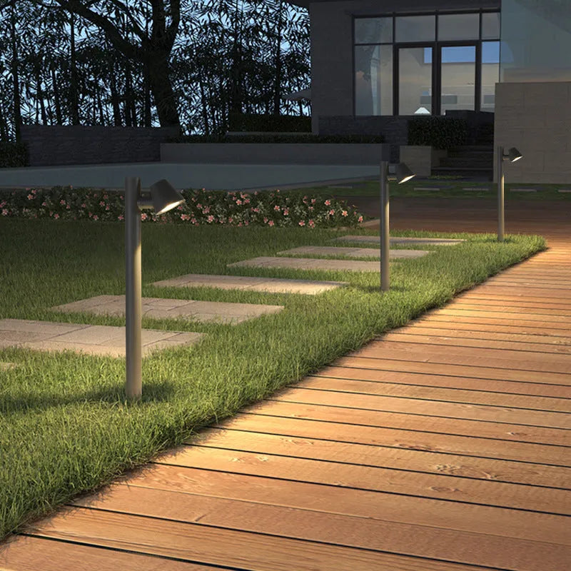 Minimalist IP65 die-cast aluminium LED outdoor lawn lamp in garden setting, single head column light