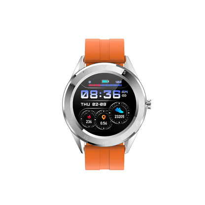 Black 1.2-inch pedometer watch with silicone strap, heart rate sensor, and 32GB storage for step tracking