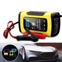 Yellow 12V 6A intelligent automatic car battery charger with cables, 150x85x60mm