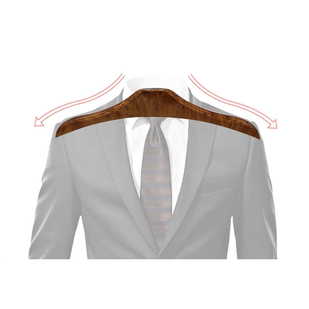 Stainless steel car clothes hanger with wood yellow finish hanging over car seat