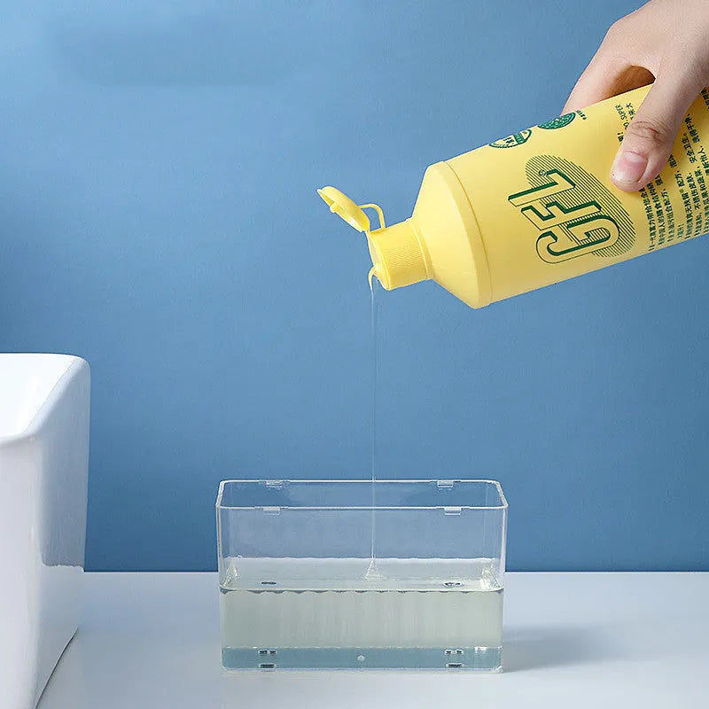 Two-in-one kitchen soap dispenser with sponge in white, blue, and grey colours