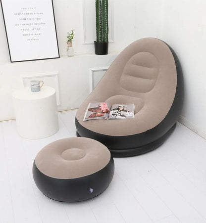 Inflatable flocking sofa in various colours, showcasing ergonomic design and portability