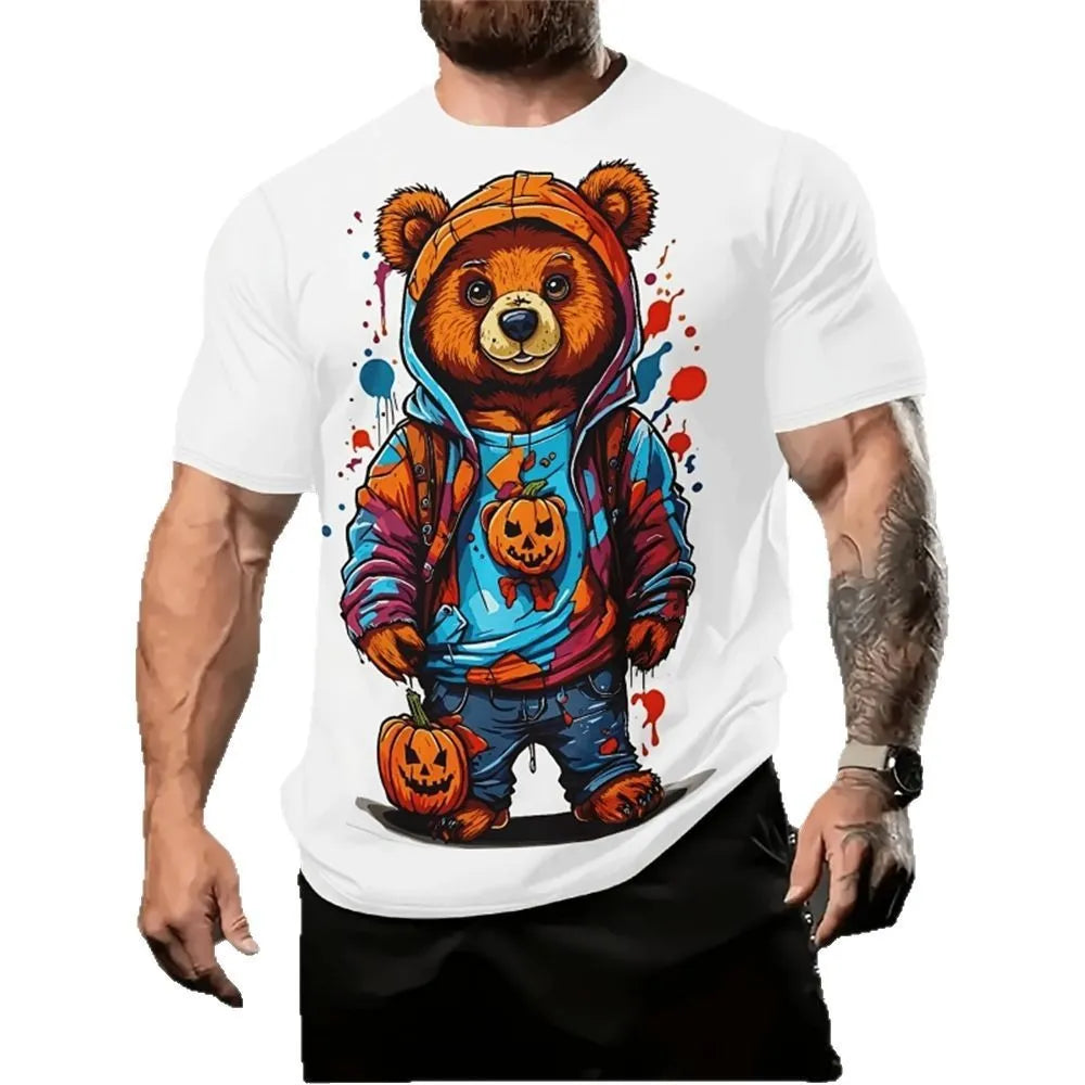 Man wearing a loose-fit grey t-shirt with a large colourful cartoon 3D print on the front.