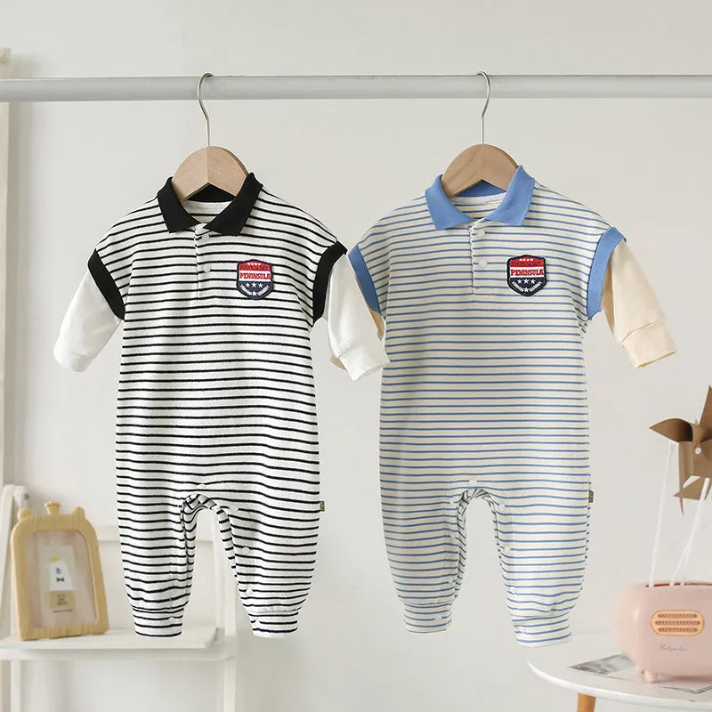 Striped cotton baby onesie in blue, pullover style, size 73cm, for autumn wear
