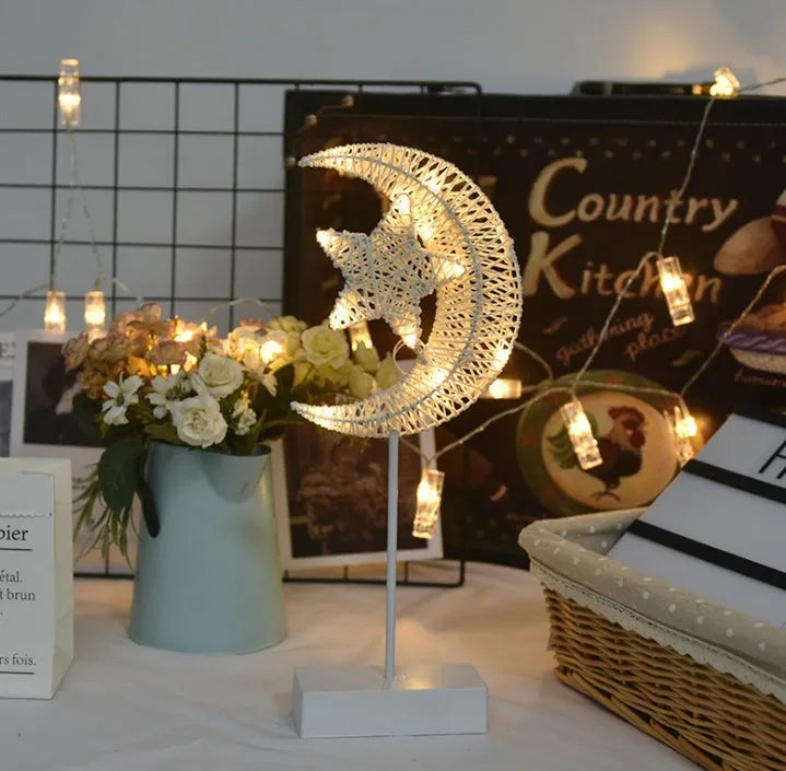Rattan-based LED light set with star-shaped hanging lights for bedroom decoration