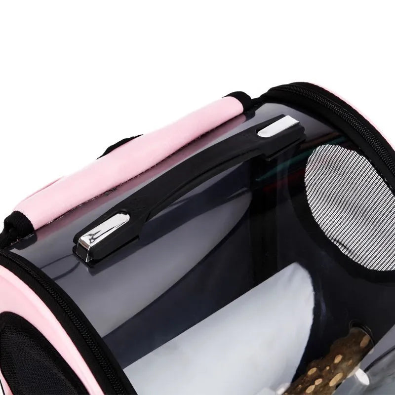 Foldable porous breathable pet carrier bag in geometric pattern for parrot travel, available in blue