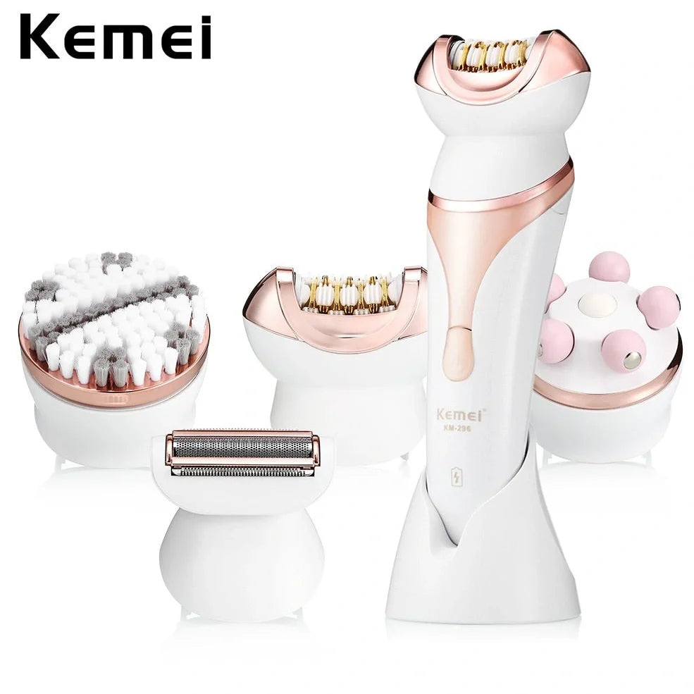 Black 4-in-1 rechargeable electric shaver epilator with four interchangeable heads for hair removal and facial care