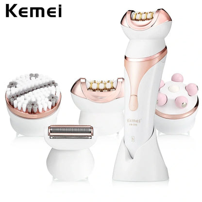 Black 4-in-1 rechargeable electric shaver epilator with four interchangeable heads for hair removal and facial care