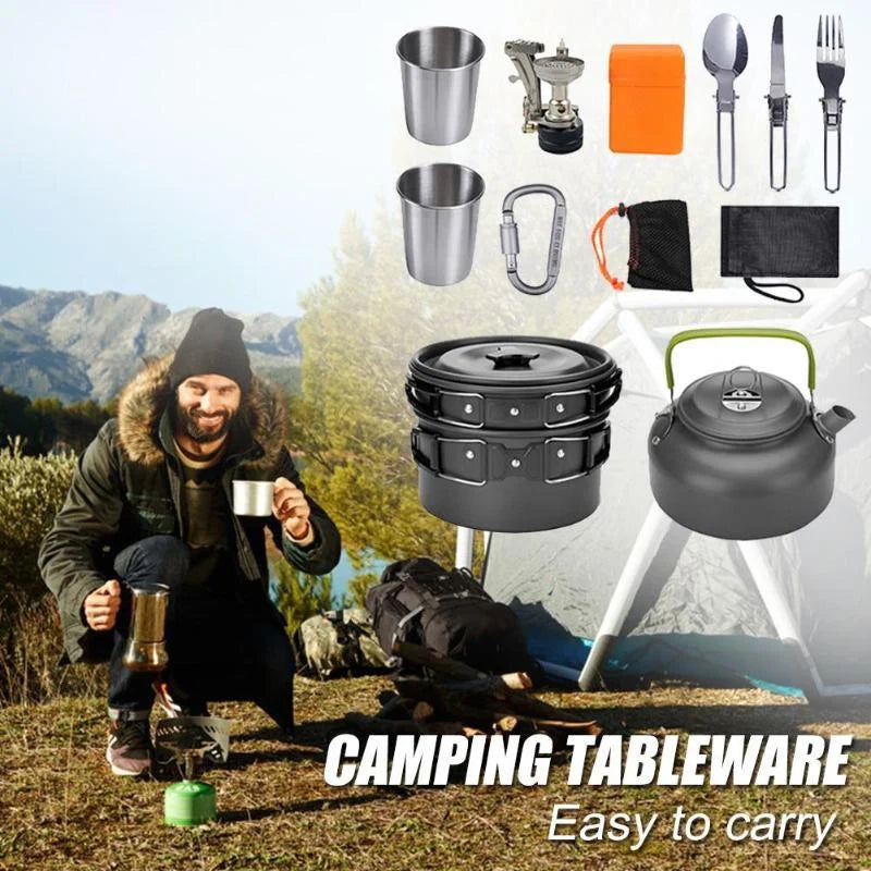 Aluminum camping cookware set with pots, pans, and utensils for outdoor cooking