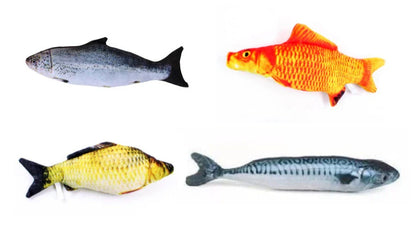 Vibrant fish-shaped plush toys in various sizes and colors, perfect for Kiwi cats to play with and cuddle