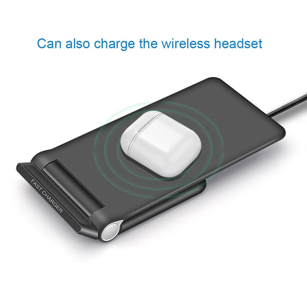 Black folding wireless charger stand with ABS material showing 15W Qi fast charging for phone and earbuds