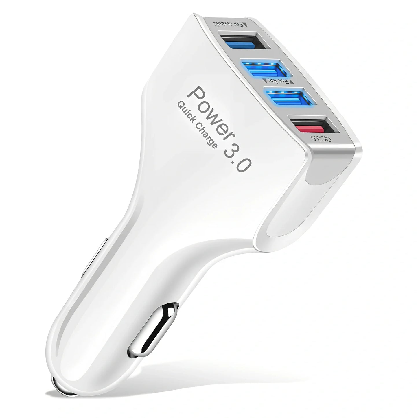 Black car 4-port USB charger with 3000mA output, PC fire-resistant material, fits 12-24V sockets