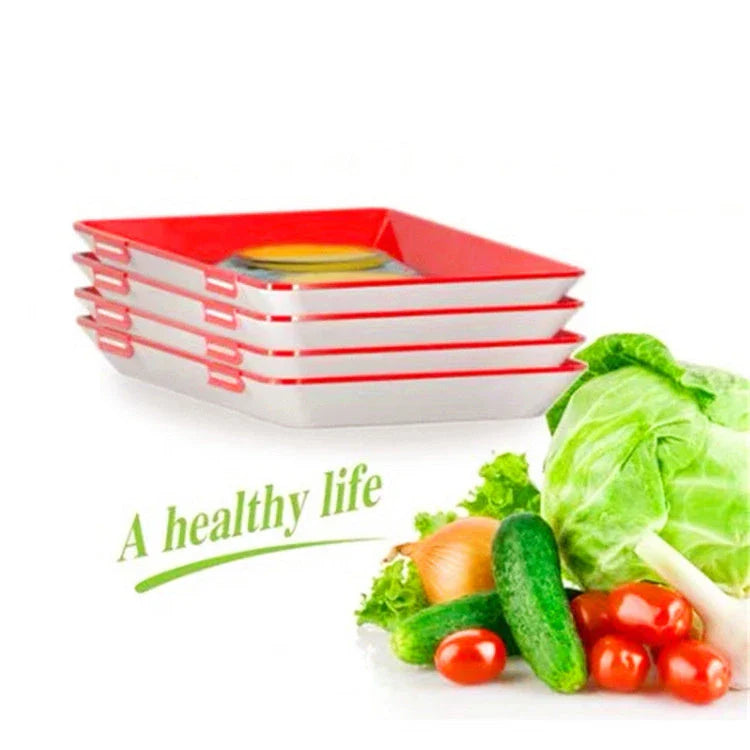 Reusable food storage trays with innovative buckle design to keep meat, fruit, and vegetables fresh in the Kiwi kitchen