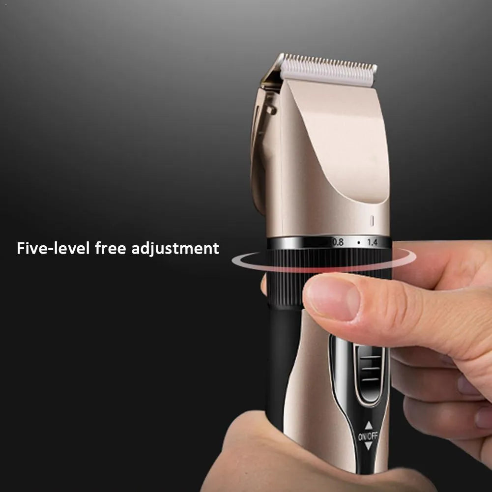 Golden professional pet grooming kit with cordless clippers, four comb attachments, nail clippers, and cleaning brush