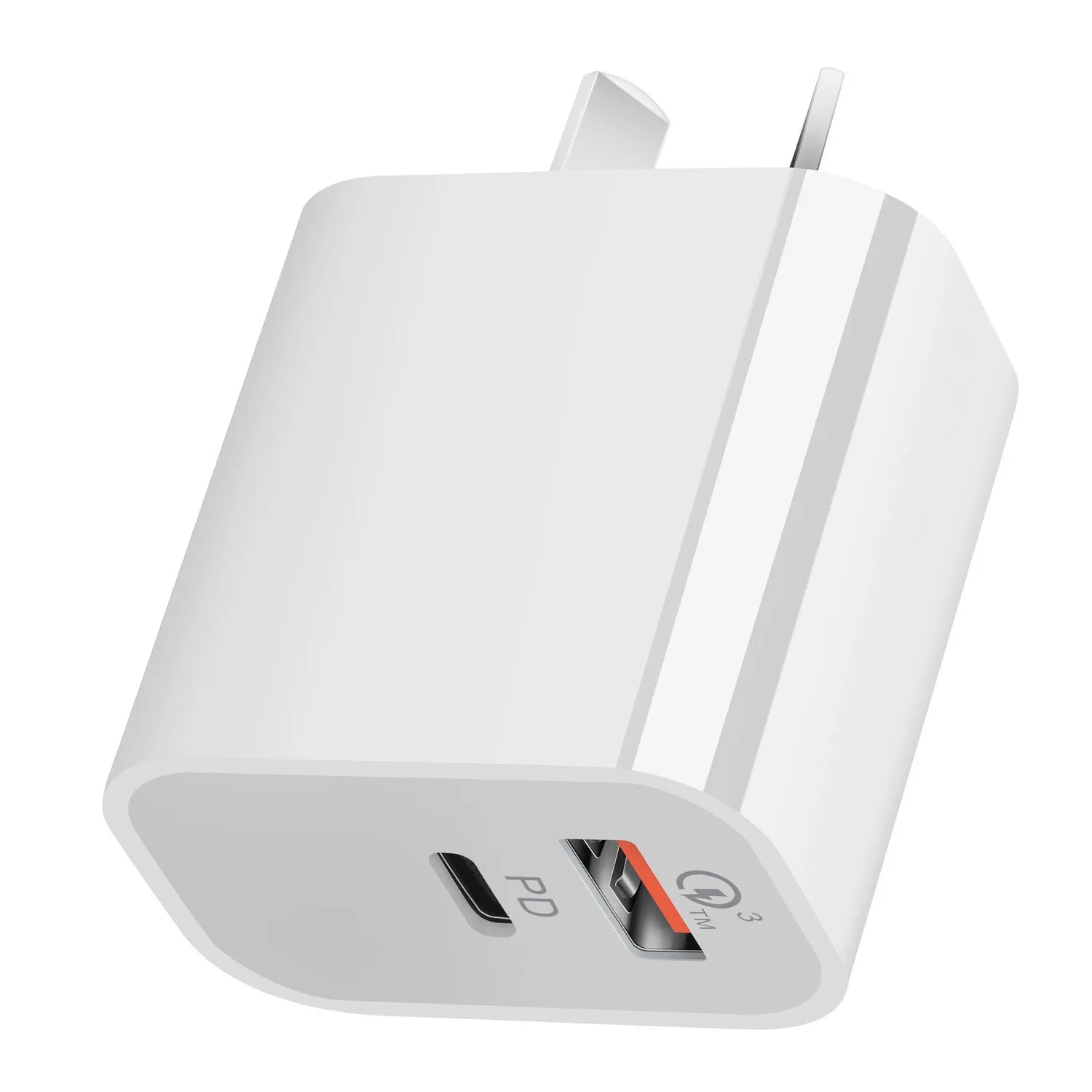 White Australian dual-port USB wall charger with USB-A and USB-C ports showing 63mm width