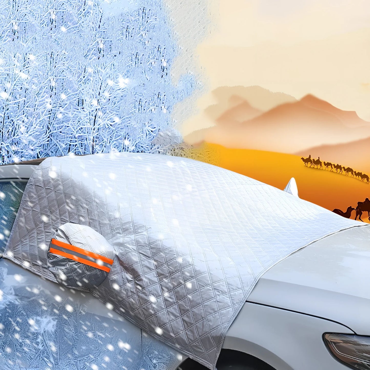 Silver magnetic windshield cover showing aluminium foil coating and edge magnets for vehicle protection