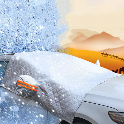 Silver magnetic windshield cover showing aluminium foil coating and edge magnets for vehicle protection