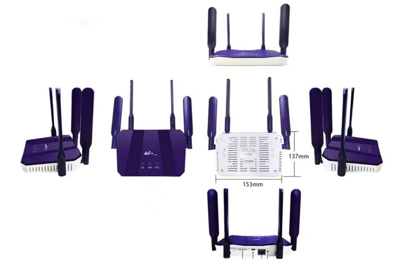 Blue 4G dual-mode wireless router with four extended antennas on a white background.