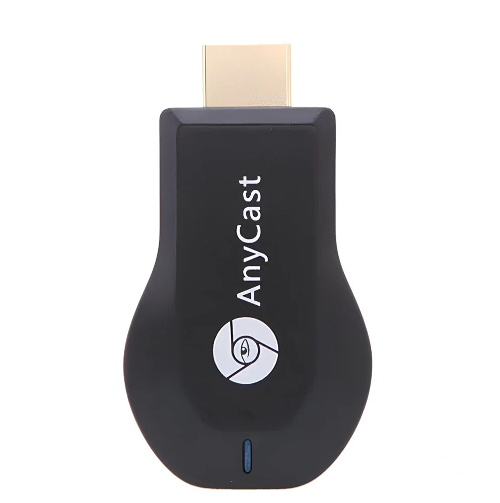 Compact 1080p wireless HDMI dongle in black, 6cm long with USB cable for TV streaming