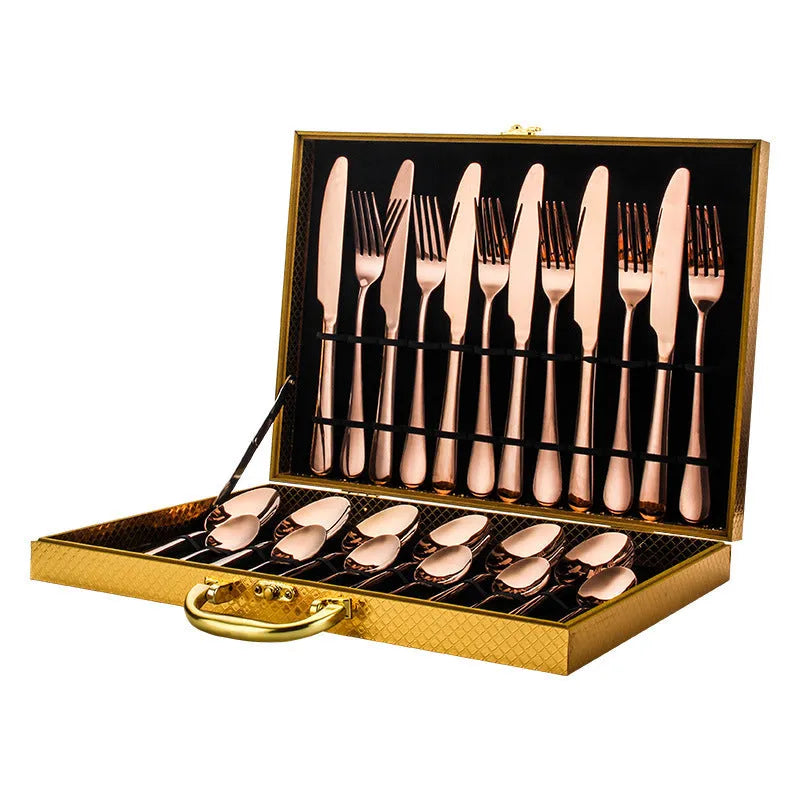 24-piece stainless steel tableware set including knives, forks and spoons in various colour options