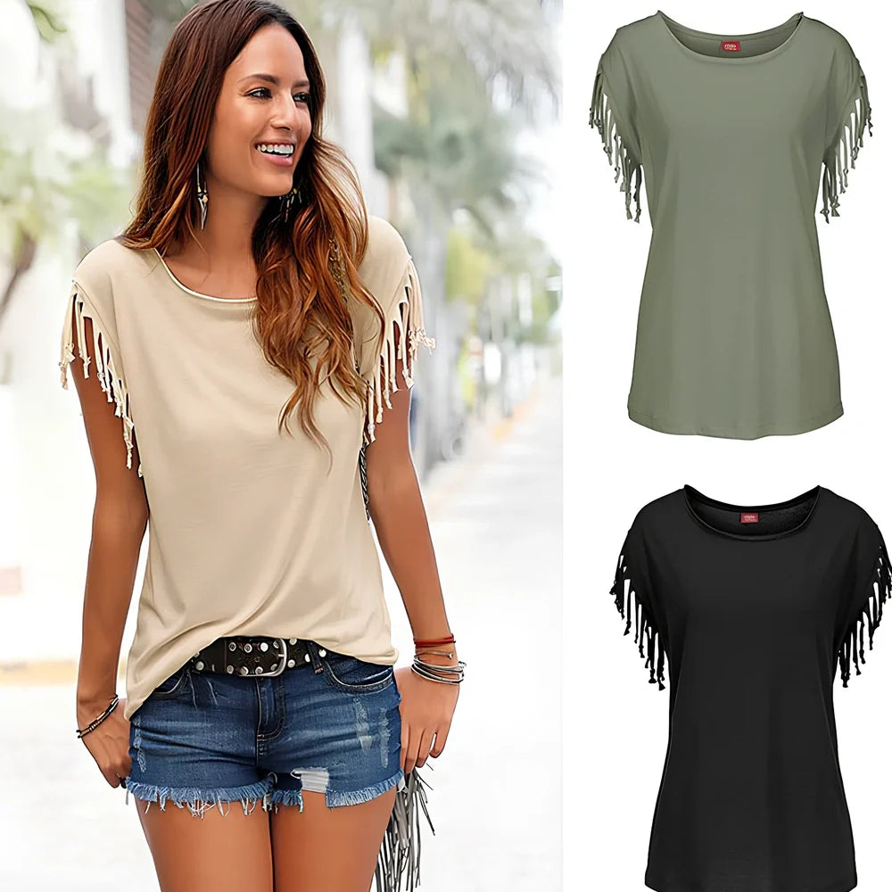Women's big size round neck T-shirt with short sleeve cuffs and tassels in coffee, 5XL fits 132cm bust, 91% imitation cotton