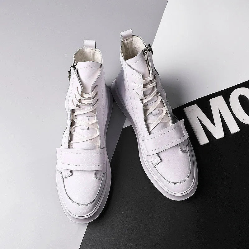 Men's black and white PU leather winter ankle boots in high-top sneaker style with microfiber upper