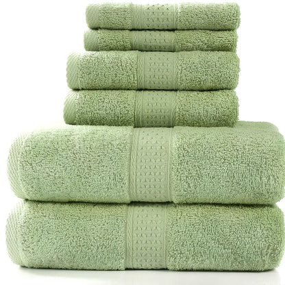 Pure cotton absorbent towel set in bamboo green, showing 140x70cm bath, 33x73cm hand, and 33x33cm square towels