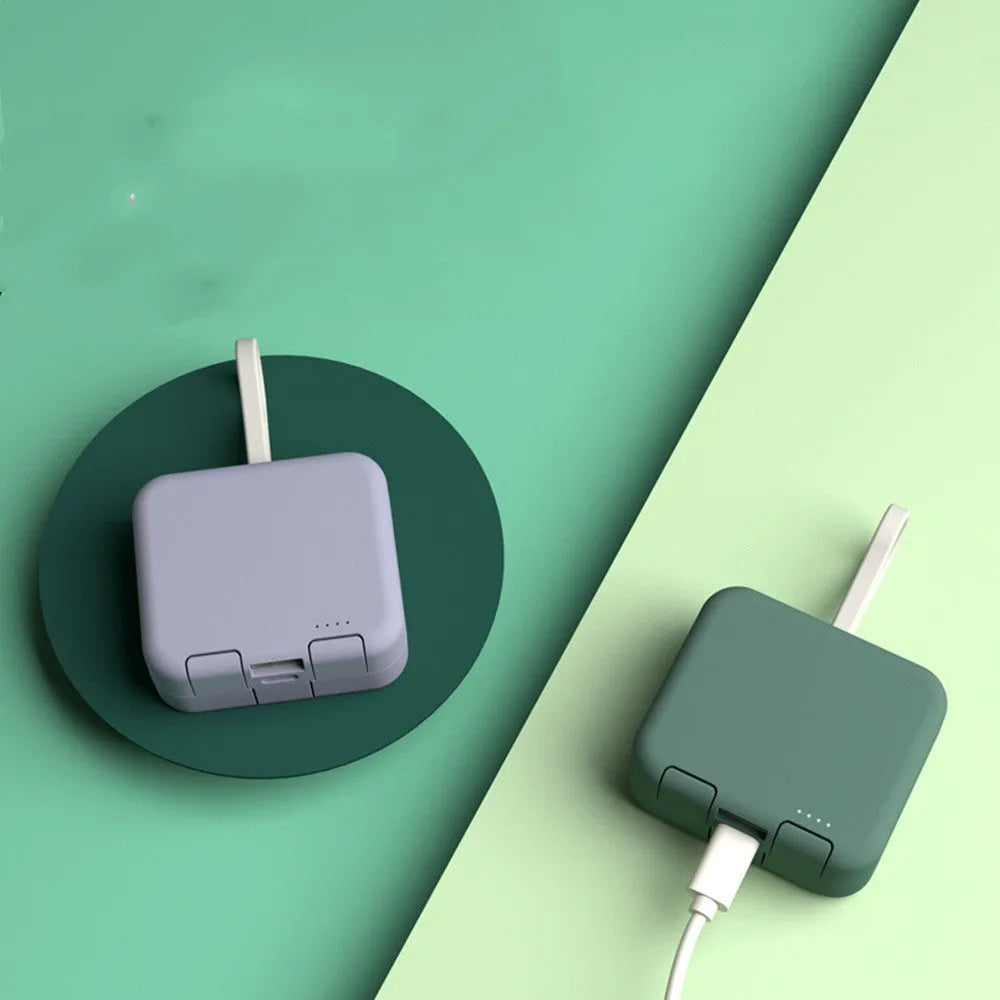 Handbag back clip power bank in blue showing phone stand function and Type-C/Lightning charging ports.