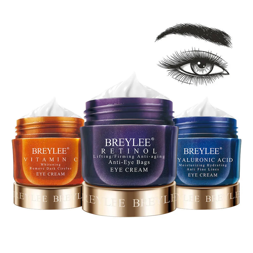 Three jars of eye cream: blue hyaluronic acid, orange VC, purple retinol, 40g each