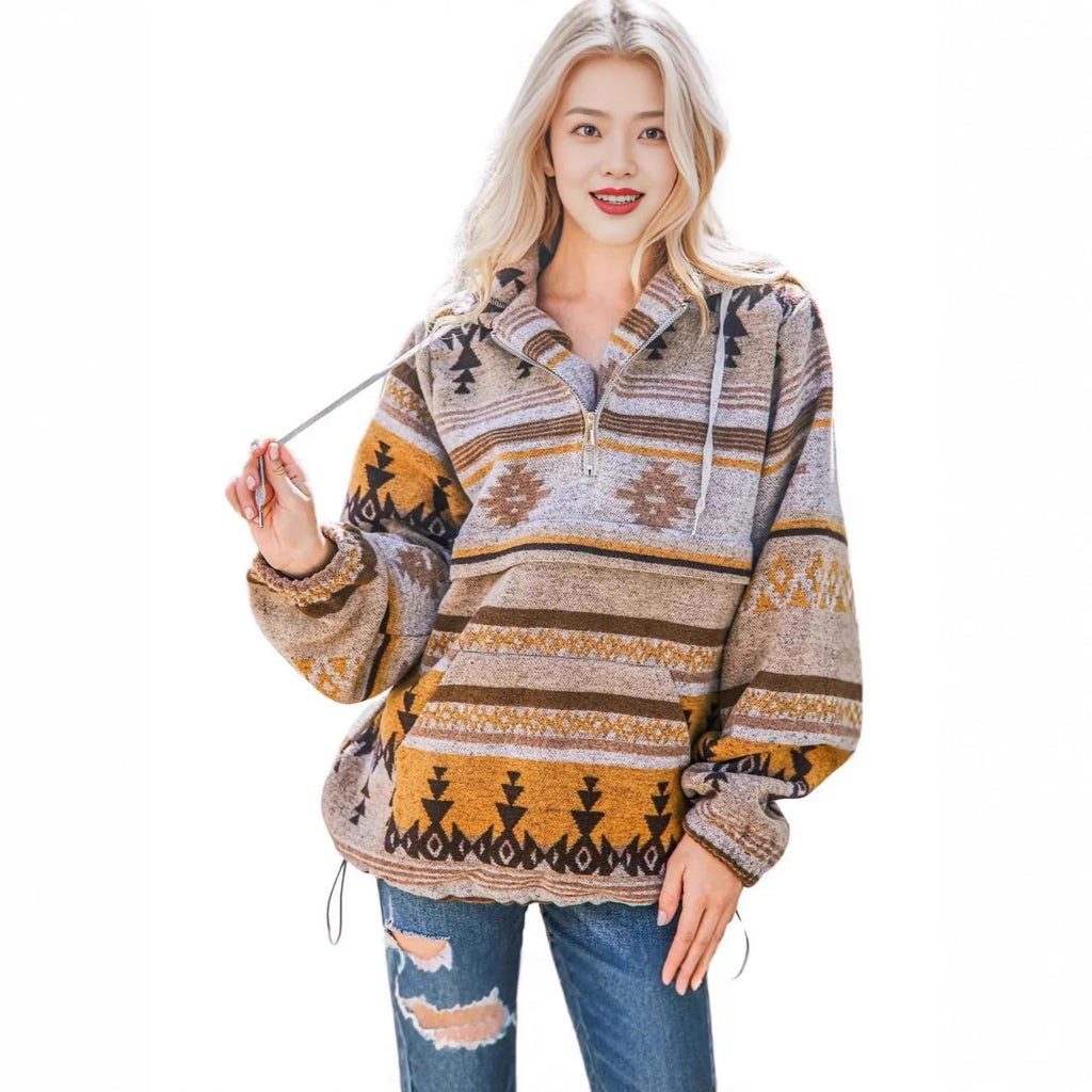 Women's retro fashion half-zip long sleeve sweatshirt with digital print in loose fit