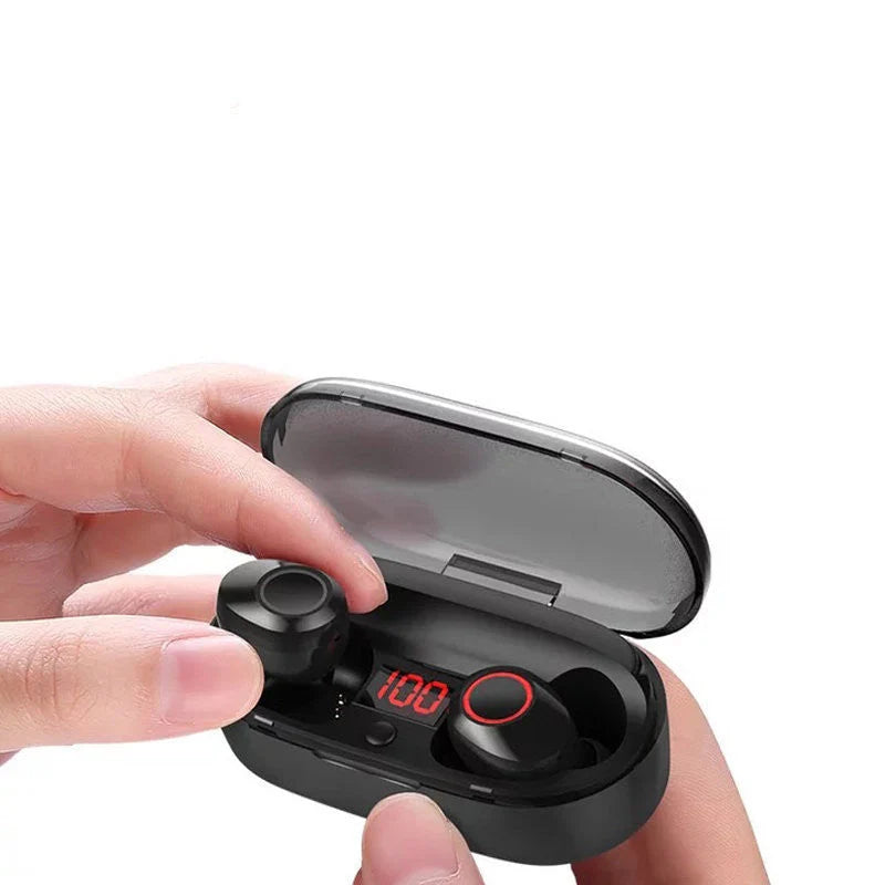 J29Tws Bluetooth headset in red, blue, black, and white with charging case