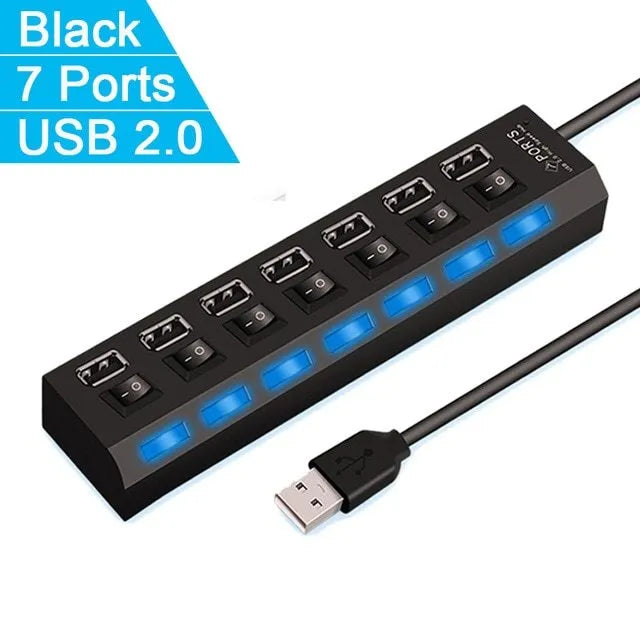 Black and white USB switch hub for laptop with 4 and 7 port options