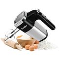 White 500W electric hand mixer with two metal beaters and turbo button