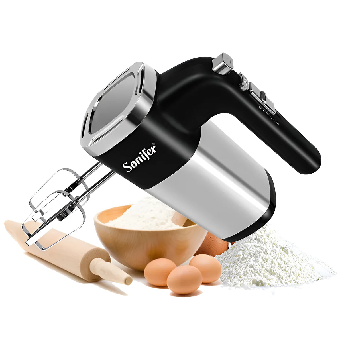 White 500W electric hand mixer with two metal beaters and turbo button