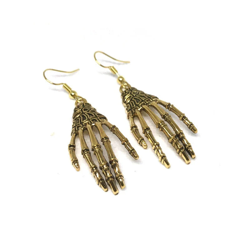 Halloween Vintage Carved Skull Skeleton Hands Earrings in gold, bronze, and silver