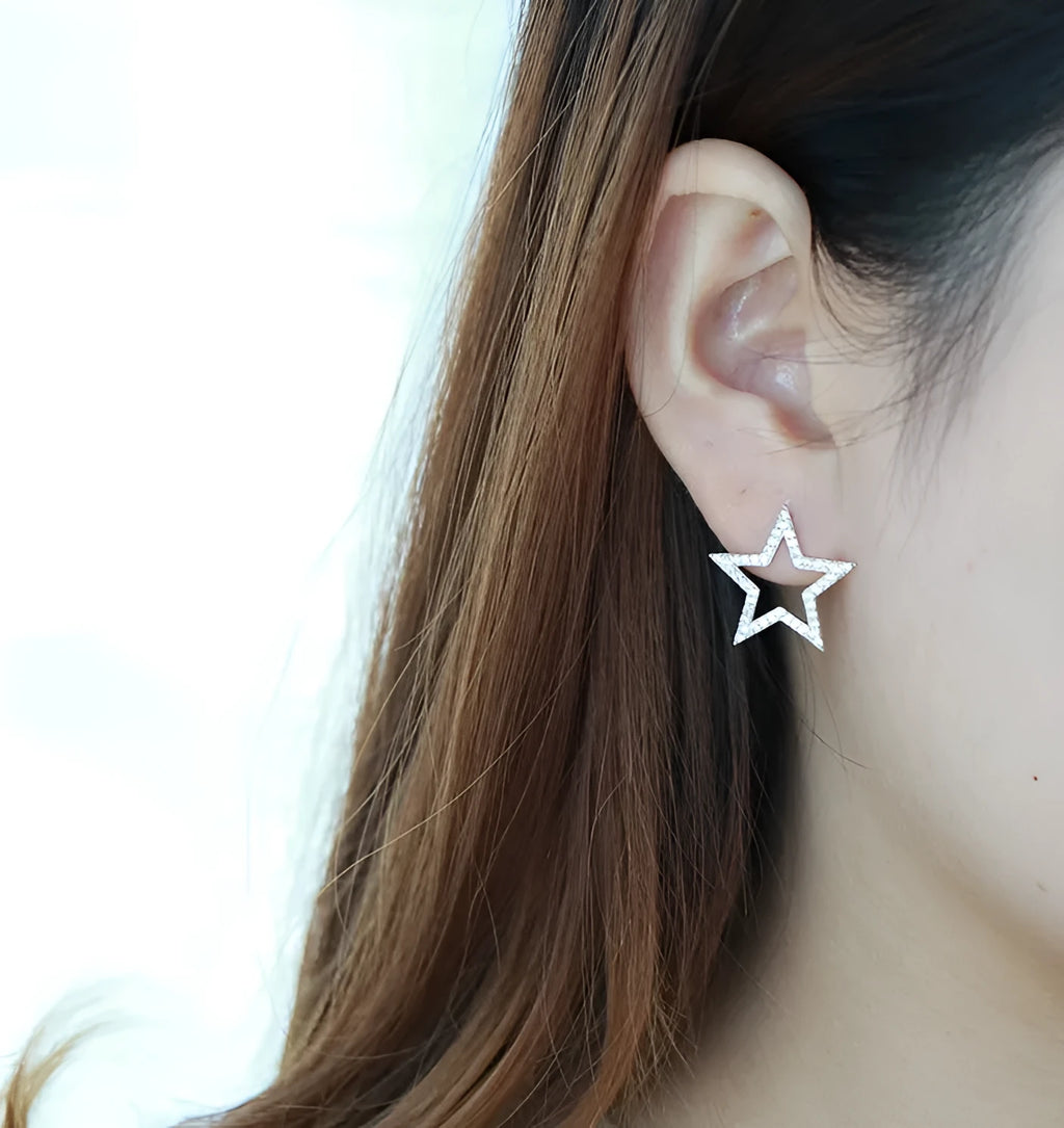 S925 sterling silver micro-inlaid five-pointed star stud earrings, Korean style, for women on a white background