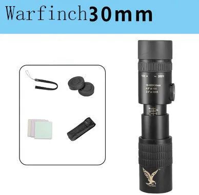 Black telescopic monocular 10-300x40mm with BAK4 prism and phone clip attached, on outdoor background