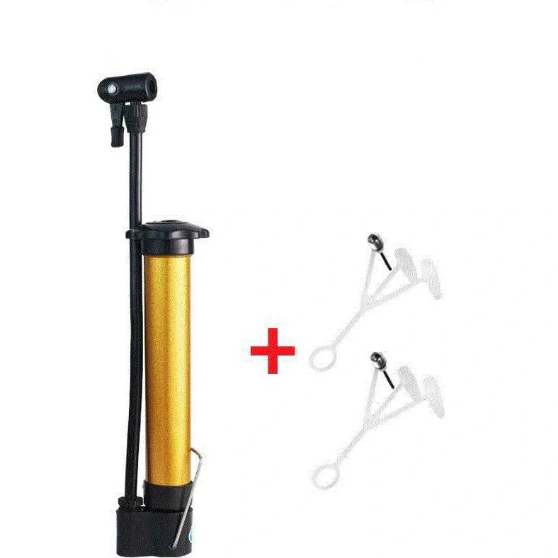 Dual-action basketball pump with storage net containing five ball needles for sports equipment maintenance