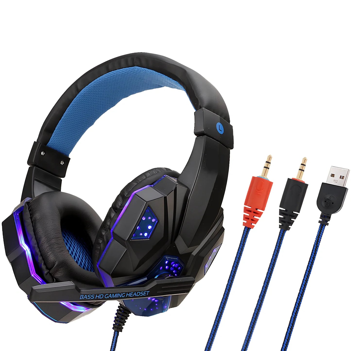 Black gaming headphones with adjustable microphone and braided cable showing 3.5mm plug