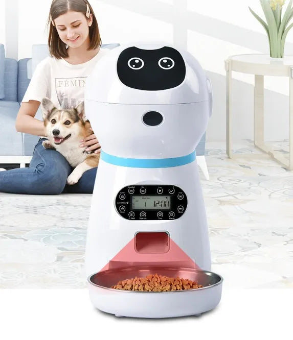 White automatic pet feeder with removable grain barrel and metal food tray, infrared anti-feeding prevention