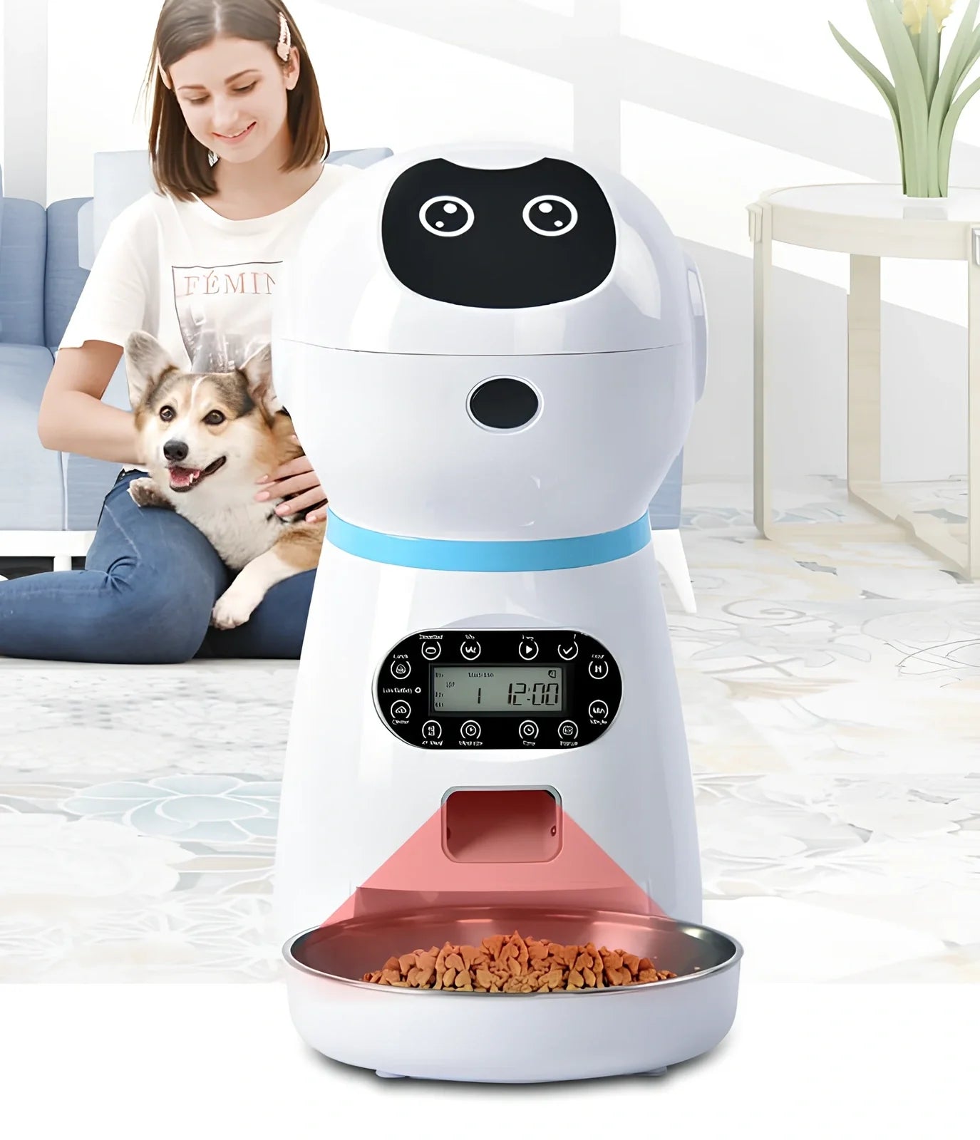 White automatic pet feeder with removable grain barrel and metal tray, infrared sensor for 5g dry food portions