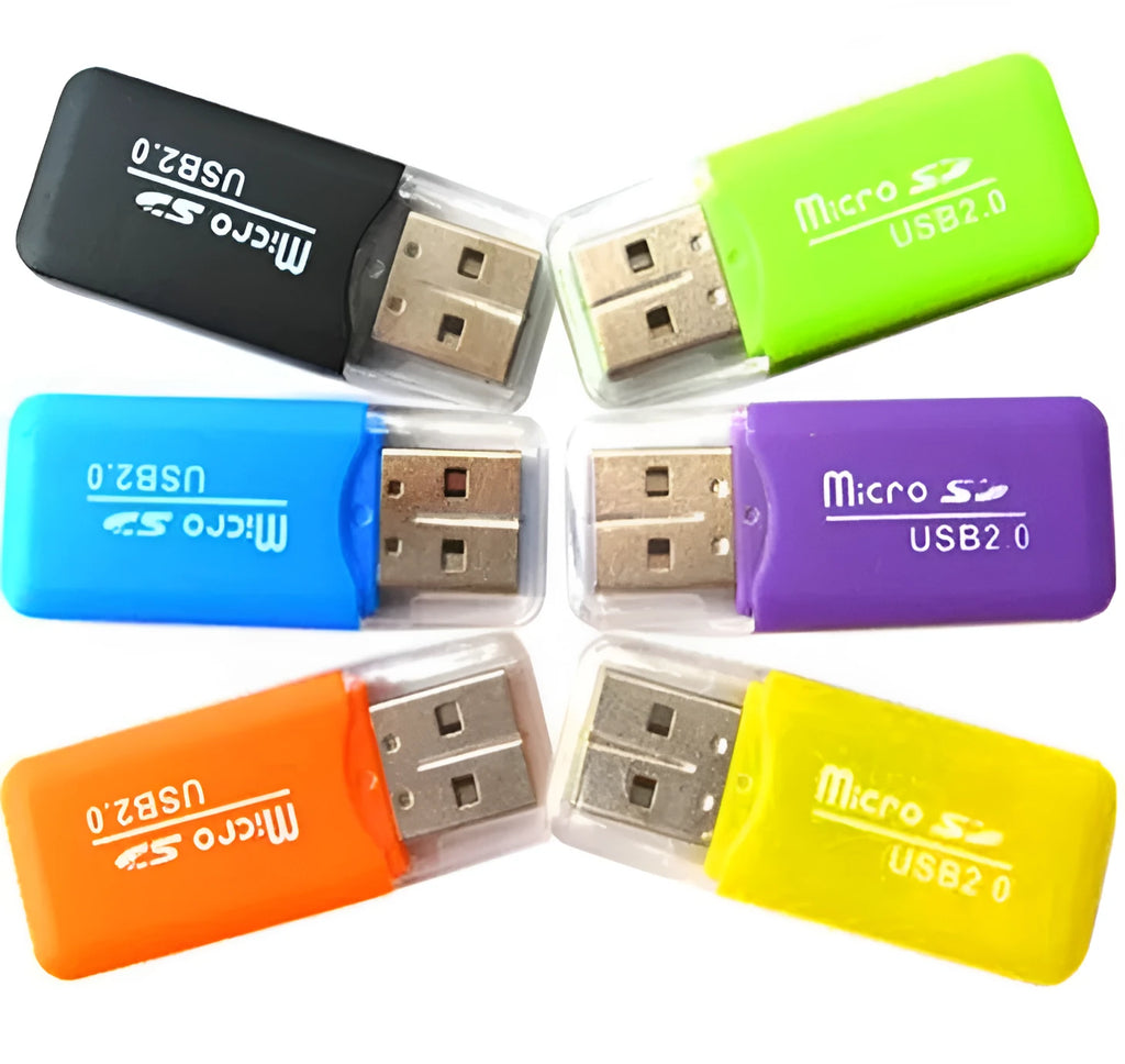 Mini USB TF Card Reader for microSD memory cards, shown with optional 16GB card and SD adapter.