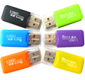 Mini USB TF Card Reader for microSD memory cards, shown with optional 16GB card and SD adapter.