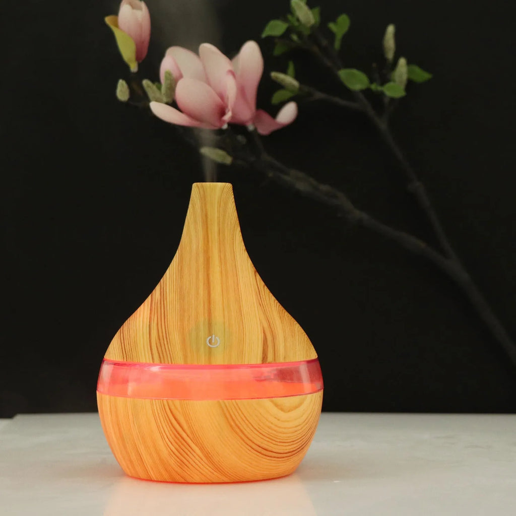 USB mini air purifier humidifier with wood grain finish and remote control