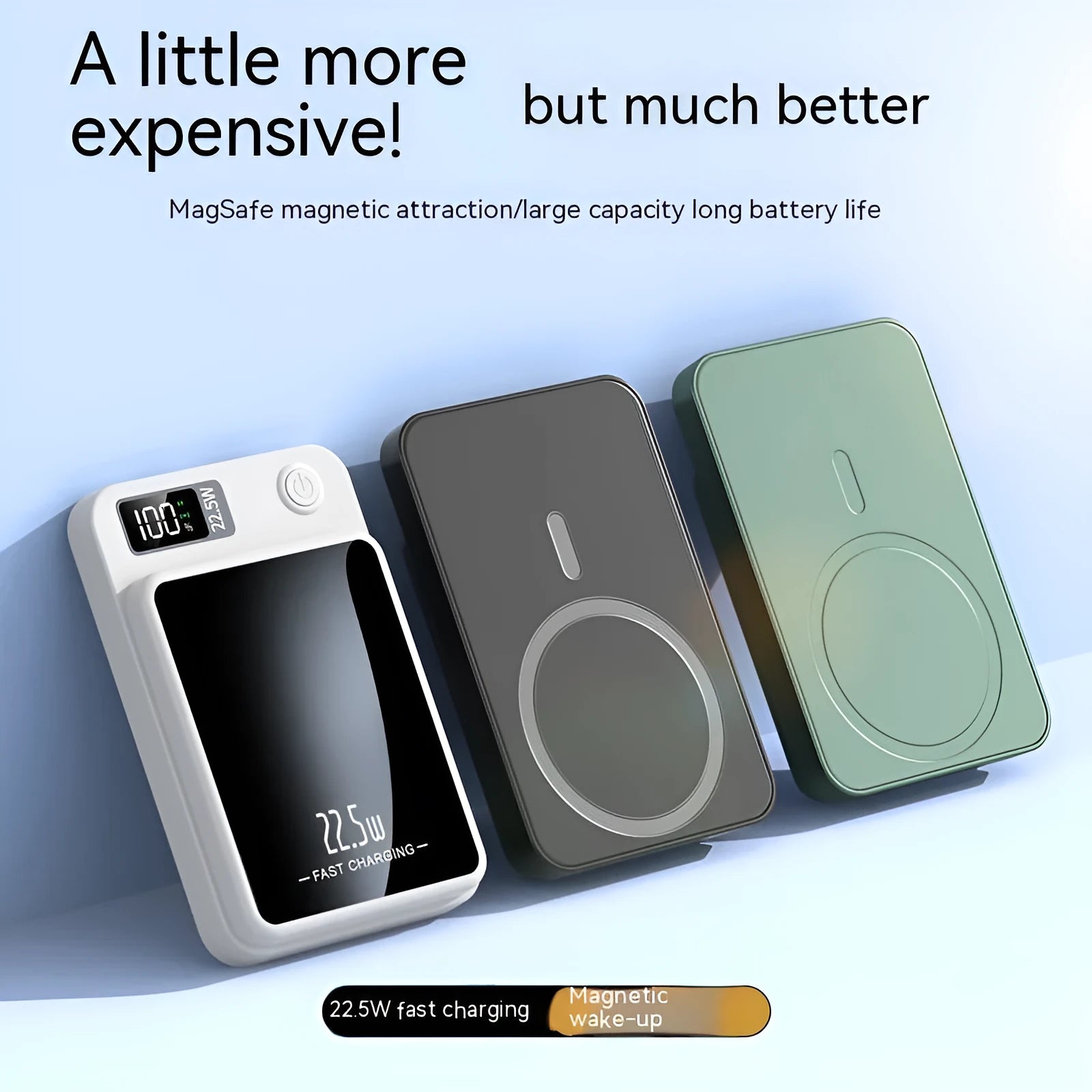 Wireless MagSafe power bank in black, white, purple, or green with industrial plastic shell